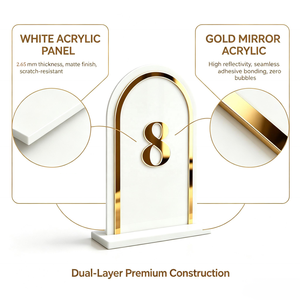 130*180*2.65mm, White Acrylic Inlaid with <b>Gold</b> <b>Mirror</b> Acrylic, High-end Arched Luxury <b>Table</b> Number for Banquets and Parties - Product Image 2