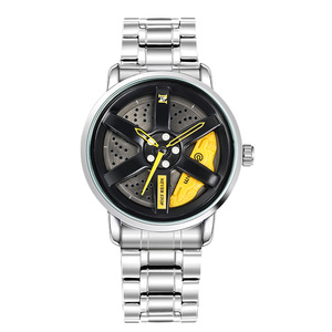 Small MOQ <strong>Black</strong> Color Stainless Steel Band Fashion Style Quartz Movement Alloy Wheel Rim Wrist <strong>Watch</strong> Spinning 360 - Product Image 4