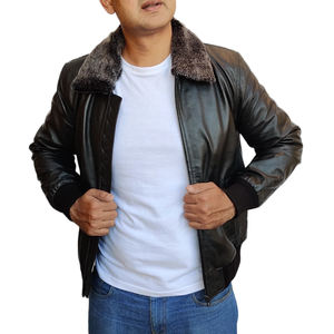 Veste en cuir et toile de style moto pour homme, personnalisée, printemps, doublure en peau de mouton, respirante, style streetwear, col rond - Product Image 4