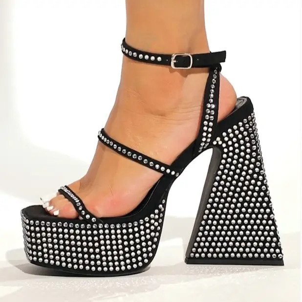 PDEP 2023 New Style Luxury Chunky Shoes Women Square Heel High Quality Crystal Rhinestone Ladies High Heel Sandals