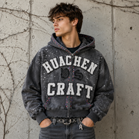 Sweat à capuche zippé personnalisé en molleton bouclette 480 GSM pour homme, 100 % coton, délavé à l'acide, effet vieilli, appliqué strass, style vintage streetwear, fabrication OEM ODM