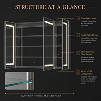 Armoire de salle de bain murale moderne avec miroir LED, corps en acier inoxydable et étagères en verre trempé pour hôtels et appartements