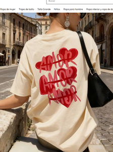 T-shirt da donna a maniche corte con stampa Amor, beige, vestibilità ampia, girocollo, top casual estivo, outfit per San Valentino - Product Image 3