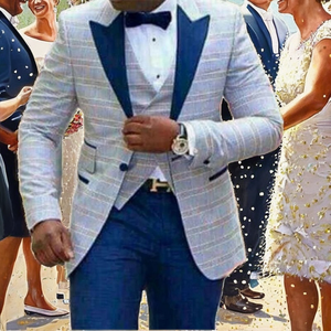 Derniers modèles de costumes de mariage et d'affaires pour hommes, bleus, coupe ajustée, col à revers cranté, 3 pièces (Veste+Pantalon+Gilet) avec braguette zippée - Product Image 2