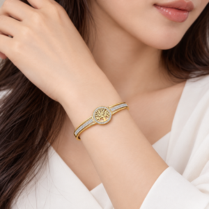 Brazalete con Motivo de Árbol y Circonitas, Acero Inoxidable y Circonitas, Baño de Oro de 14K al Vacío - Product Image 5