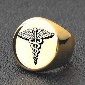 แหวนสแตนเลสสตีลทรงกลมขนาด 22 มม. สไตล์ยุโรปอเมริกัน ขัดเงา สลักลาย Caduceus ของขวัญเครื่องประดับแฟชั่นสำหรับผู้หญิง - Product Image 2