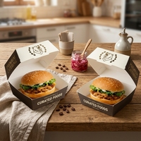 Boîte à hamburger carrée jetable en carton ivoire, biodégradable, résistante à l'huile, avec logo personnalisé en relief, fermeture magnétique, pour la restauration rapide