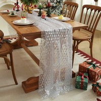 Chemin de table vintage en tulle blanc imprimé dentelle, motif sapin de Noël en feuille d'argent, lavable, très populaire