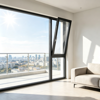 Ventana Abatible y Giratoria de Aluminio con Rotura de Puente Térmico, Negra, de Fábrica, con Vidrio Grande Fijo, Apertura Interior, para Pared Exterior de Villa