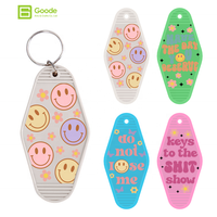 Autocollant porte-clés Goode à faible MOQ, de haute qualité, imprimé UV DTF, motif visage souriant de dessin animé, en PET, étanche et écologique