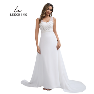 Elegante abito da sposa senza schienale con strascico in Chiffon lungo davanti a schiena lunga in misto paillettes con strascico da cappella - Product Image 1