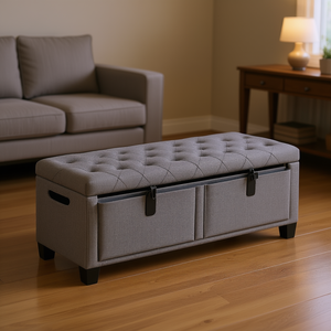 เก้าอี้ออตโตมันเก็บของหุ้มผ้าลินินสีเทา ตกแต่งกระดุม โครงโลหะ เฟอร์นิเจอร์ห้องนั่งเล่น พร้อมช่องเก็บของด้านข้างแบบพับได้ - Product Image 2