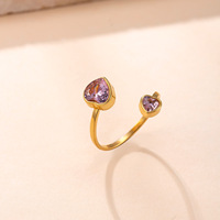 Cincin terbuka berbentuk hati baja tahan karat modis dengan batu zirkon warna-warni untuk wanita