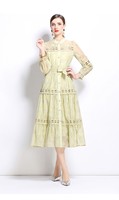 Robe longue pour femme style français, manches lanternes, taille cintrée, patchwork, dentelle ajourée