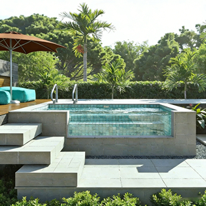 Piscine sereine avec une surface d'eau calme et un aménagement paysager minimaliste - Product Image 3