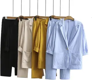 2023 estate nuova giacca da donna in cotone lino 2 pezzi + pantaloni autunno larghi Casual abito di cotone lino Top Set