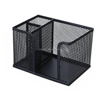 Organisateur de fournitures de bureau carré à 3 compartiments personnalisable, en maille noire, porte-stylos, plateau pour notes autocollantes, rangement en métal