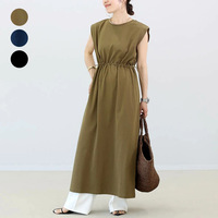 Robe longue décontractée pour femme, couleur unie, sans manches, taille à cordon, col rond, coupe ample, pour l'été, la plage et les vacances