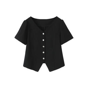 Runqi – haut à manches courtes et col en v pour femmes, grande taille, noir, couleur unie, polyester, N8728 - Product Image 1