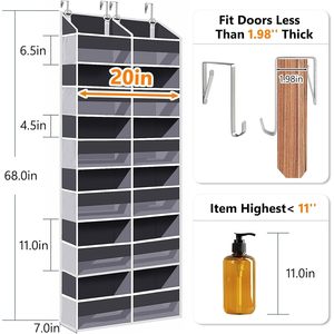 Organisateur de porte suspendu 6 niveaux, 12 poches frontales, 12 poches en filet, gris foncé, rangement mural à suspendre derrière la porte - Product Image 2