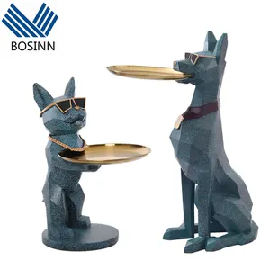 Doberman Pinscher Dog Statue Bite Tray Coffee Table Cartoon Holding Salver Sitting Cute Dog Sculpture Decorations