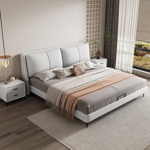 Cama de cuero minimalista moderna de 1.8m o 1.5m, doble, tapizada, estilo nórdico, para dormitorio principal, con base alta. - Product Image 1