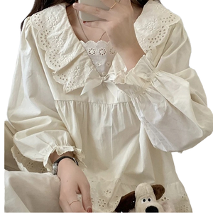 Damen Frühling Sommer Herbst Lässige Gewebte Atmungsaktive Langarm Weiße Vintage Rundhals-Bluse - Product Image 6