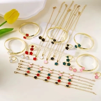 Juego de Joyería de 5 Piezas con Trébol de Cinco Hojas de Aleación de Zinc Chapado en Oro para Mujer, Pulsera, Collar, Pendientes, Anillo, Regalo de Boda