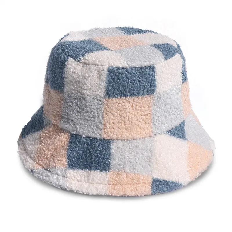 Fashion women custom winter bucket hats plaid sherpa bucket hats bulk wholesale