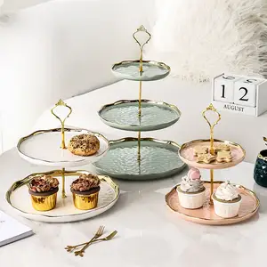 3 tier cupcake dessert stand White luxury dry fruit plate with Gold Rod rim snack cake Pastry display Holders for Wedding Party