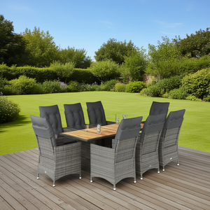 Ensemble de salle à manger de jardin en rotin gris 8 places avec accoudoirs réglables, mobilier d'extérieur, plateau en teck, design contemporain - Product Image 2