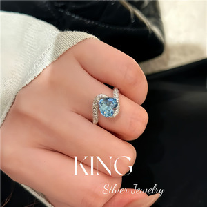 Anillo de Plata de Ley S925 con Incrustaciones de Circonitas, Diseño Corazón Océano Azul, Joyería para Mujer, Uso Diario - Product Image 2