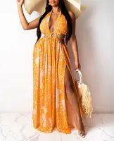 Vestido largo femenino de verano con espalda descubierta y estampado Floral, traje playero con cuello Halter para mujer, corte irregular, color amarillo, 2022