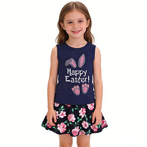 Set gonna per bambina, abito estivo casual senza maniche con stampa floreale, top con stampa a fiori e cuori, set <span class=keywords><strong>di</strong></span> abbigliamento per bambini per la vita quotidiana - Product Image 2
