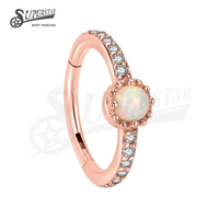 SUPERSTAR Anneau de nez clicker en acier inoxydable 316L avec segment articulé et serti de pierres opale et zircon cubique pour piercing septum, daith et hélix