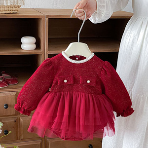 Vente en gros Automne Noël 0-24M <span class=keywords><strong>Combinaison</strong></span> pour bébés filles nouveau-nés et tout-petits, barboteuse à manches longues avec empiècements en maille, vêtements pour enfants - Product Image 2