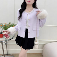 Nouveau cardigan en tricot style tweed pour femme, à manches longues, avec des détails perlés et des plumes, nouvelle veste en tricot pour femme pour l'automne