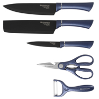 Ensemble de couteaux de cuisine en acier inoxydable de style moderne, lames noires, multifonctionnel, couteau de chef double face avec manche bleu