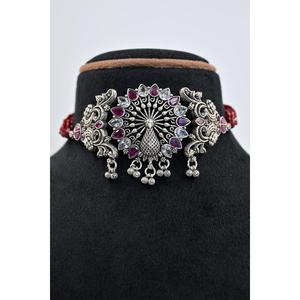 Flower Pattern Tibetan <b>Silver</b> <b>Choker</b> Necklace With Red Beads And Cubic Zirconia For Women Wedding Jewelry Boho Style - Product Image 3