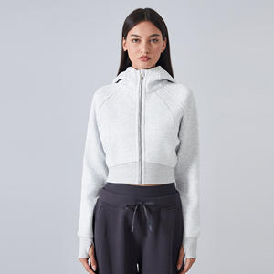 Sweat-shirt de sport en polaire pour femme, col zippé, coupe courte et ajustée, doublé pour l'automne, avec trous pour les pouces, respirant - Product Image 2