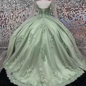 Vestido De Quinceañera <span class=keywords><strong>Verde</strong></span> Estilo Baile con Hombros Descubiertos Apliques Florales y Lazo de Encaje en Espalda Tipo Corsé para Fiesta de Chicas - Product Image 6