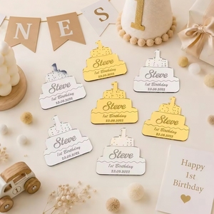 Étiquettes personnalisées en acrylique pour le premier <span class=keywords><strong>anniversaire</strong></span>, en forme de gâteau, avec nom et date personnalisés, remerciements, faites à la main, imperméables, décoration de fête pour bébé - Product Image 5