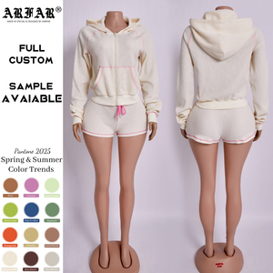 Completo da donna 2 pezzi in maglia waffle personalizzato: giacca a maniche lunghe e pantaloncini, tuta streetwear estiva 2026 - Product Image 2
