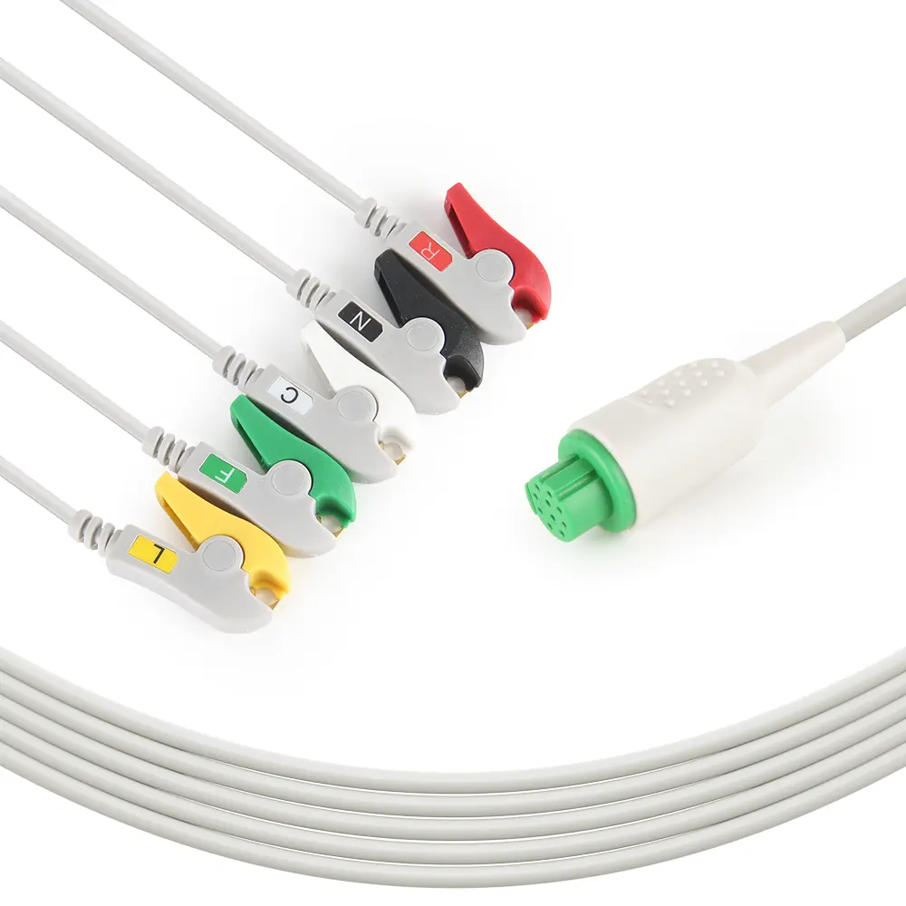 GE Datex Ohmeda Reusable Satlite Plus S5 5 Leads IEC Clip One-Piece ECG Cables, 10Pin Direct Connect ECG Cable