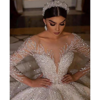 LY0084 Robe de mariée sur mesure, style princesse, avec strass brillants, col en V, manches longues en dentelle, pour mariée africaine, grande taille, effet scintillant