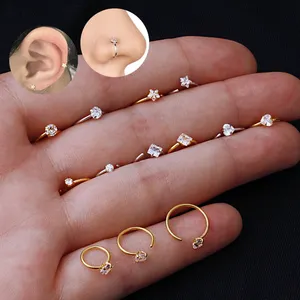 New Arrival surgical clear cubic zircon open hoop nose piercing stainless steel heart star round faux nose ring body jewelry