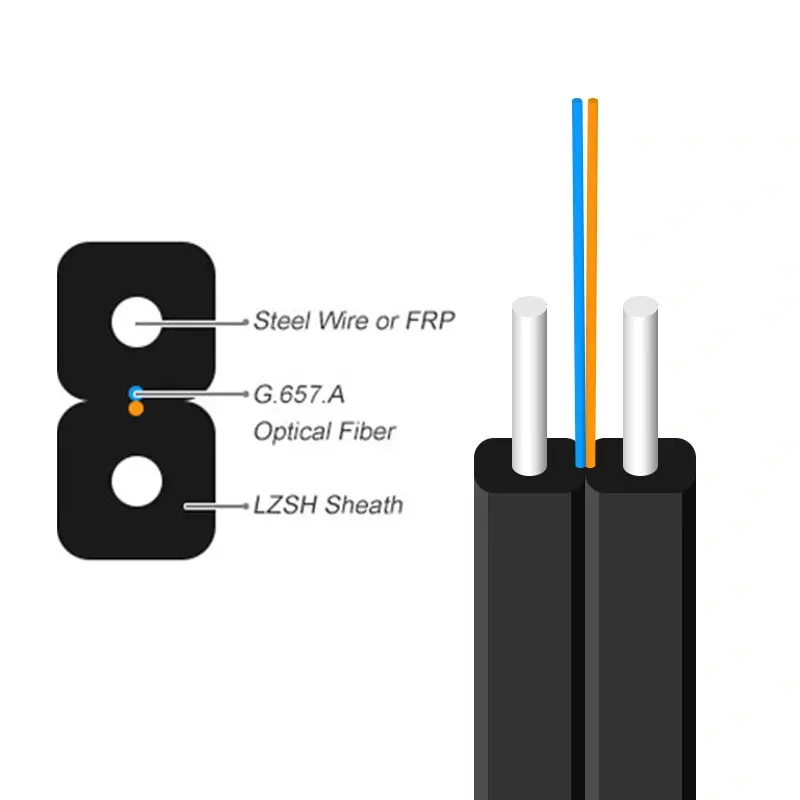 Fabrika doğrudan tedarik yay tipi FTTH kapalı düz saplama kablo 50m 100m Fiber optik saplama kablo damla-kabel