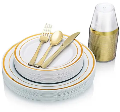Лучшая цена, оптовая продажа, золотой одноразовый пластиковый набор посуды для свадьбы