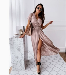 Robe longue d'été européenne et américaine à manches courtes, col en V, imprimé bohème à pois - Product Image 4