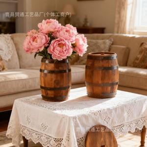 Vase en bois en forme de baril à vin avec couvercle, seau de rangement rond pour une utilisation décorative à la maison - Product Image 1